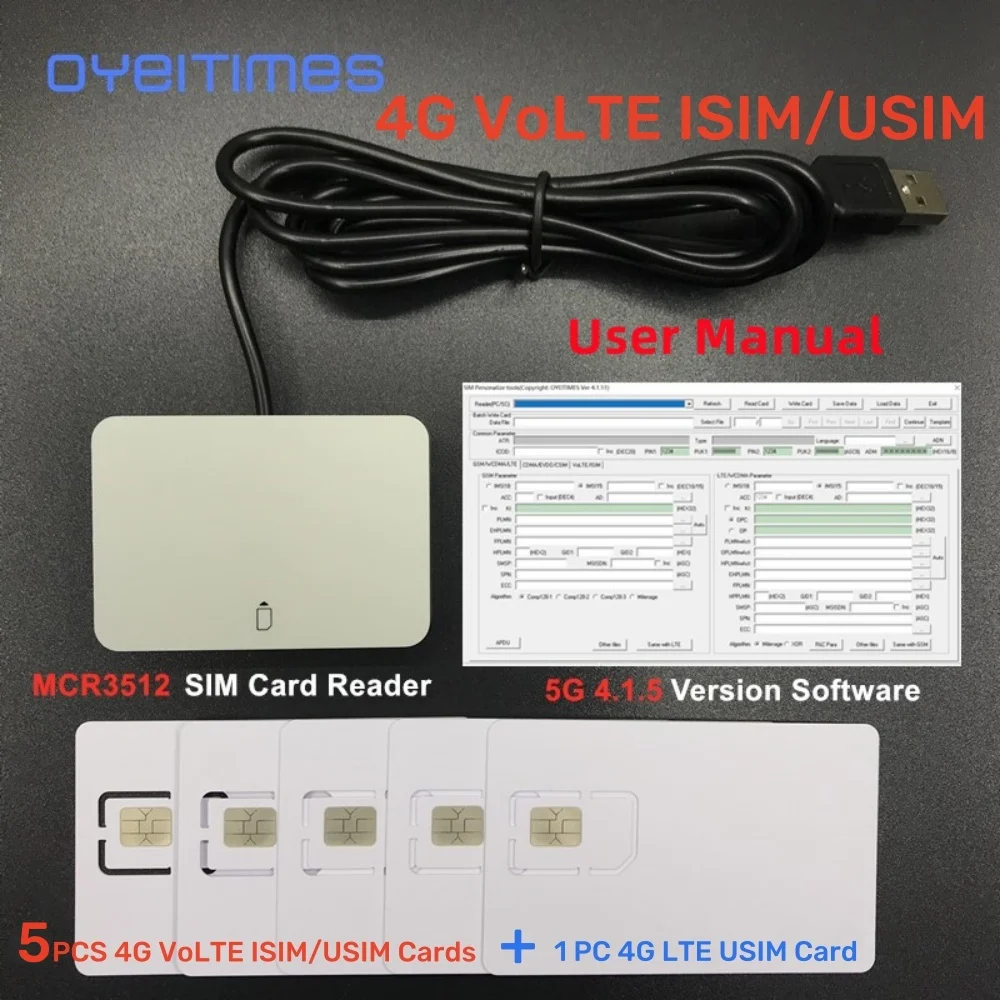 OYEITIMES 4G LTE SIM-карты, записывающее устройство, программатор + 5 шт. 128k 4G VoLTE, пустые карты ISIM + 1 шт. 2G3G4G5G 4,1,5 версии, программное обеспечение для SIM-карты