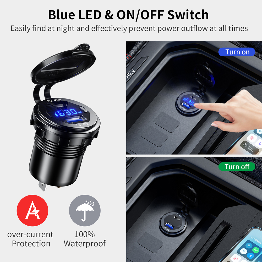 Aluminum 63W PD & QC 3.0 Dual USB Car Charger Socket 12V/24V Power Outlet Adapter Charge Adapter Waterproof Fast Charge Ports