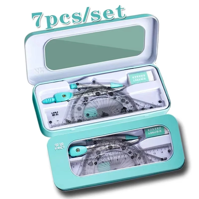 7 teile/satz Kompass und Lineal Sets Dreieck Lineal Winkelmesser Gummi Student Prüfung Spezifische Lineal Box Set Lineal Set Schule Beginnt