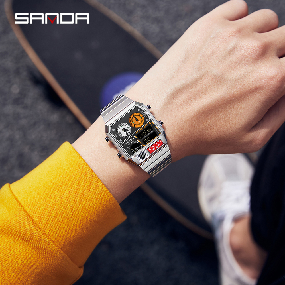SANDA haut à la mode hommes loisirs montre électronique multifonctionnel thermomètre chronomètre synchronisation montre électronique pour hommes 3192