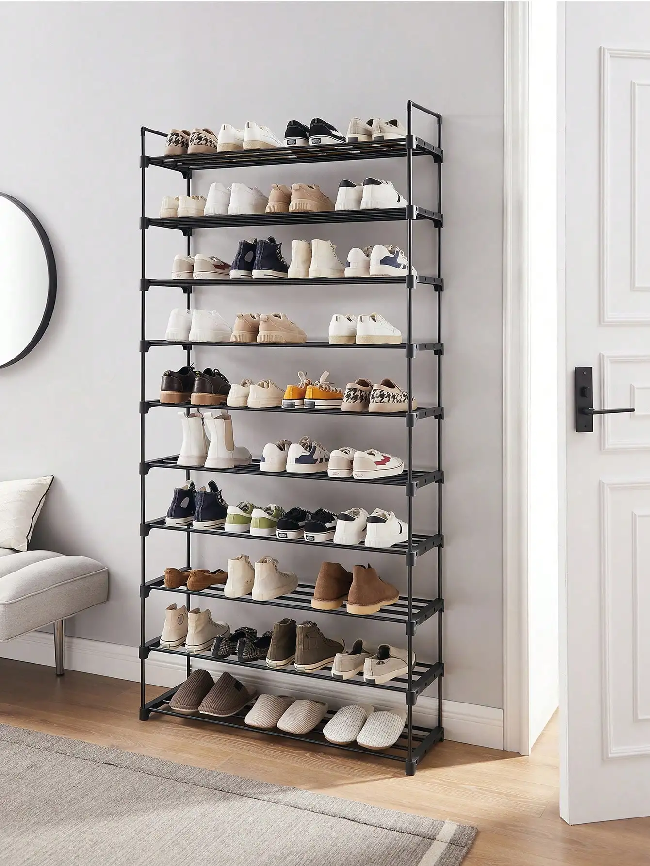 Scarpiera sottile a 10 livelli SONGMICS. Deposito in metallo per spogliatoio, ingresso. Design salvaspazio. 30x94x206 cm. Nero.