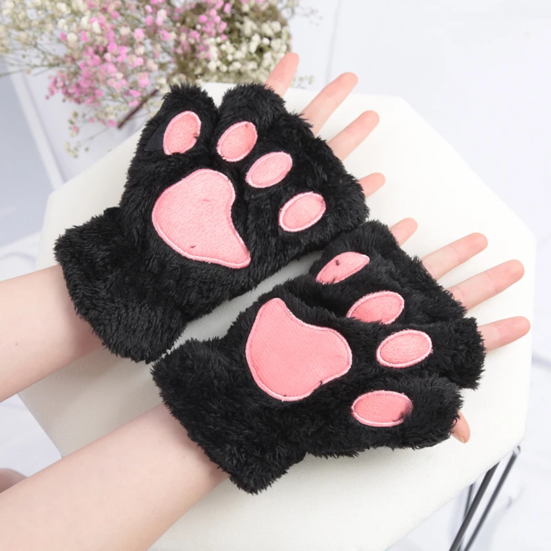 Nuevos guantes cálidos Kawaii para mujer, moda para chicas, manoplas de felpa con pata de garra de gato, guantes cortos de felpa suaves sin dedos, guantes de invierno de medio dedo