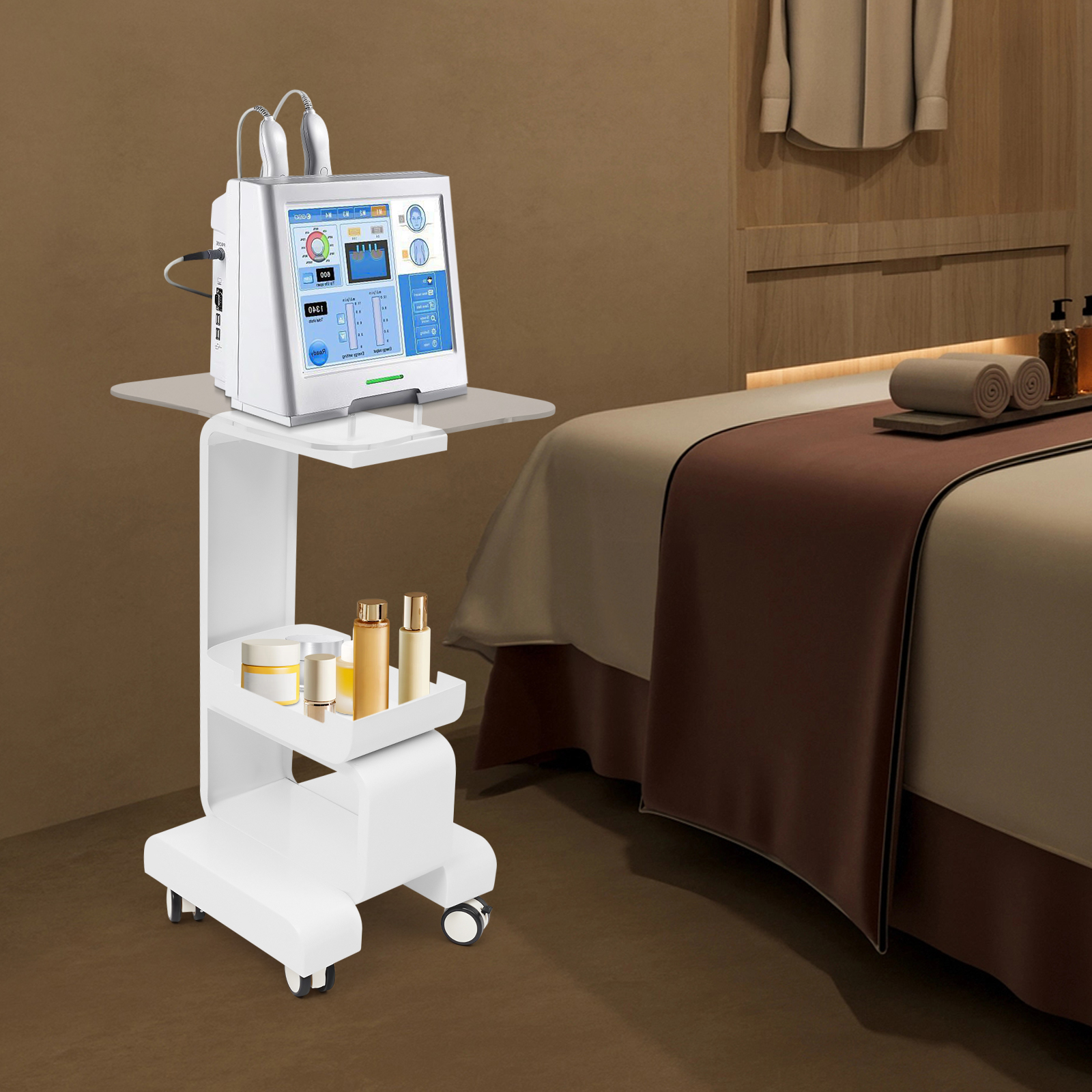 Kosmetik-Salonwagen, Platzierungswagen für Schönheitssalonausrüstung, beweglicher Gerätetisch mit Glasscheibe, Aufbewahrungskorb, weiß
