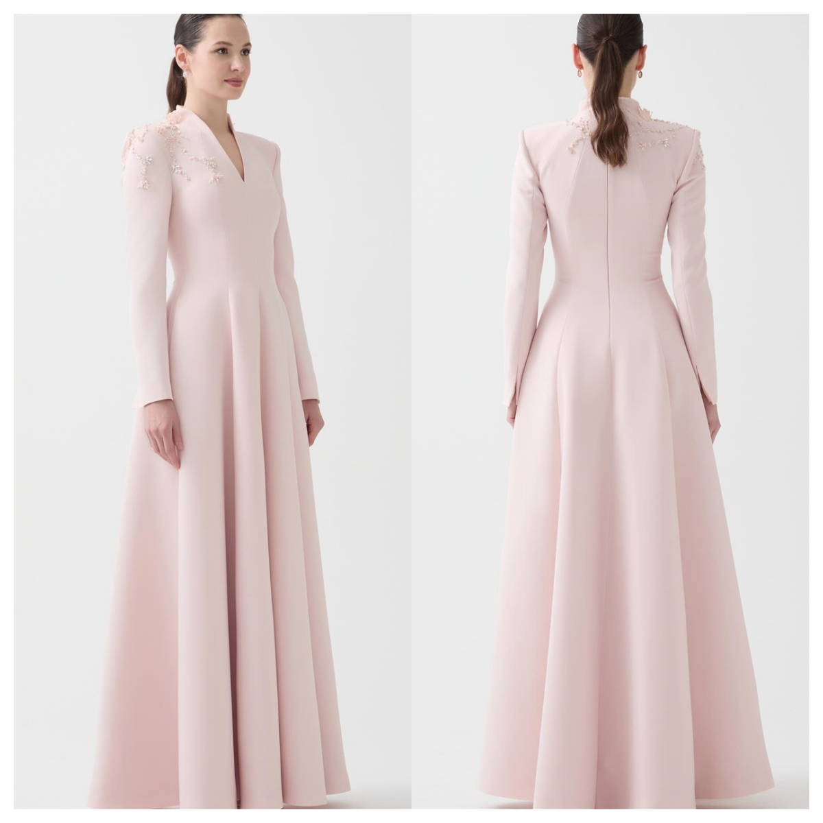 Customized Customized Delicate Pink Jersey Evening Dress V-Neck Long Sleeves Celebrity Gowns Appliques Elegant Bespoke Occasion