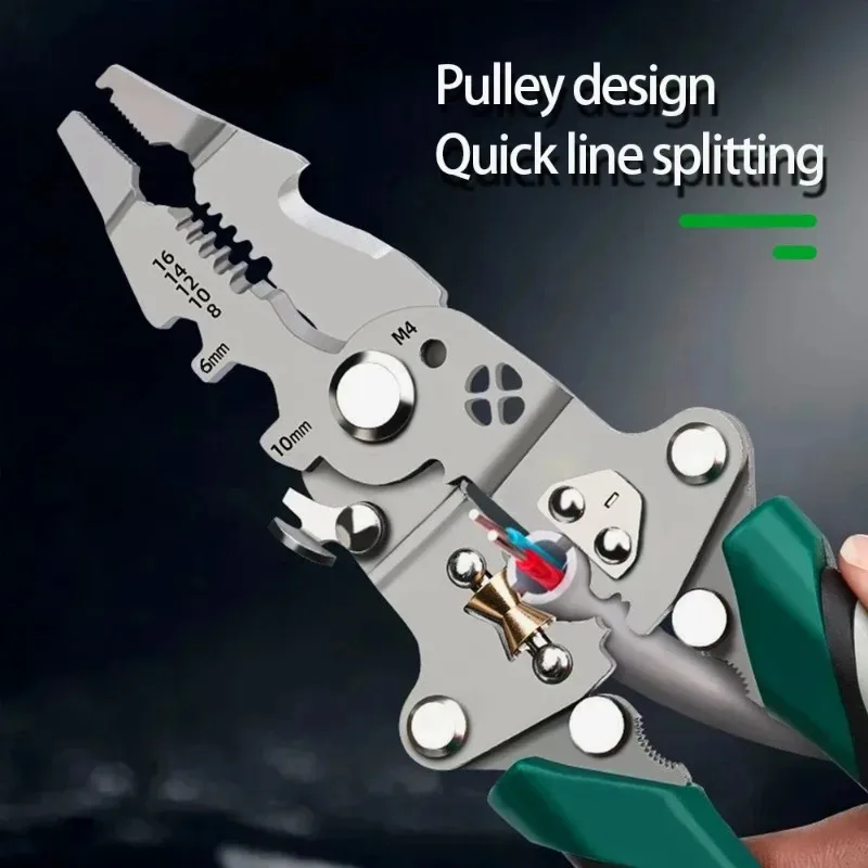 Foldable wire stripper, pulley design multi-function electrician wire splitter wire winding pliers crimping pliers hand tool