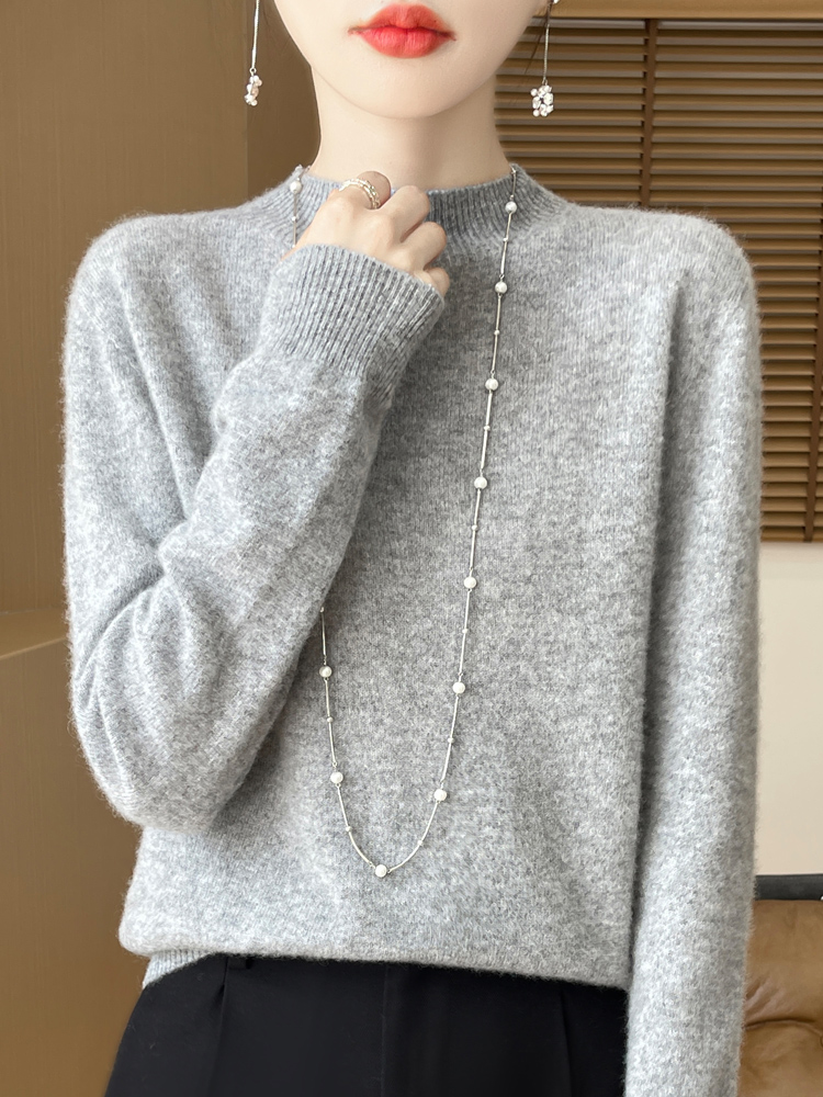 Suéter de lana de 100% a la moda para mujer, prendas de punto con cuello simulado, jerséis de Cachemira, jerséis de manga larga para otoño e invierno, Tops