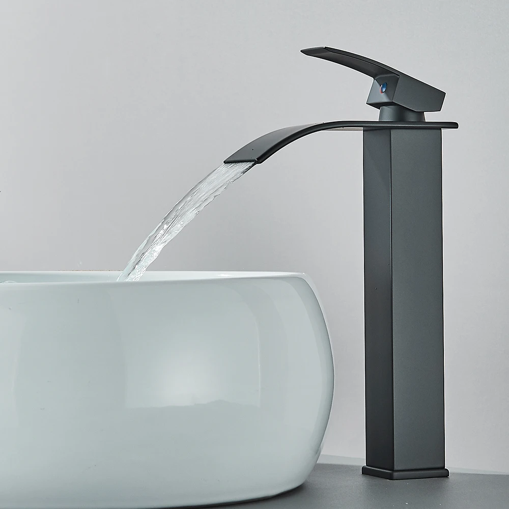 Quyanre Matte Schwarz Wasserfall Becken Wasserhahn Einzigen Griff Mixer Heißes Kaltes Wasser Becken Kran Wasserhahn Für Badezimmer Waschbecken Mischbatterie
