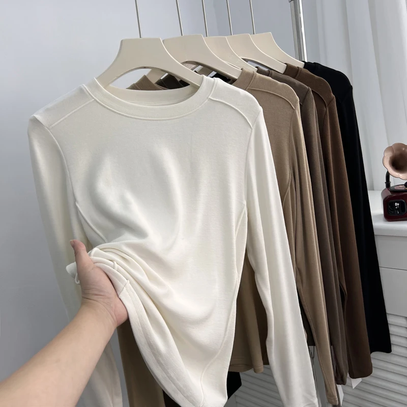 Slim Fit Striped Pit Solid Basic Tops Round Neck Long Sleeved T-shirt Women's Spring  Autumn Inner Layup Bright Thread Tee