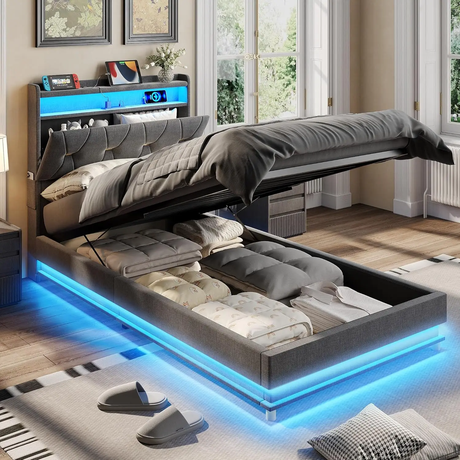 Twin Size Lift Up Storage Bed Frame, Storage Headboard with Charging Station, LED Lights Upholstered Platform Bed