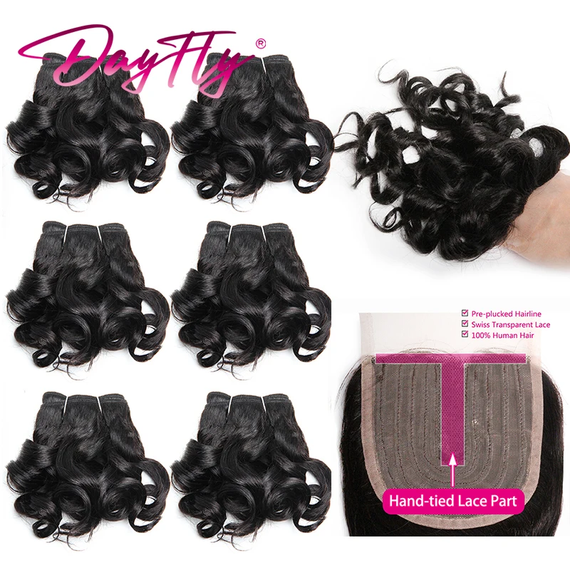 Pacotes de tecelagem de cabelo brasileiro com fechamento, Bouncy Curly Cabelo Humano, 4x1 T Part, 6 Pacotes de extensões de cabelo