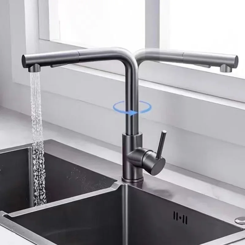 Free Shipping Black Pull Out Kitchen Sink Faucet Two Model Stream Sprayer Nozzle Stainless Steel Hot Cold Wate Mixer Tap Deck