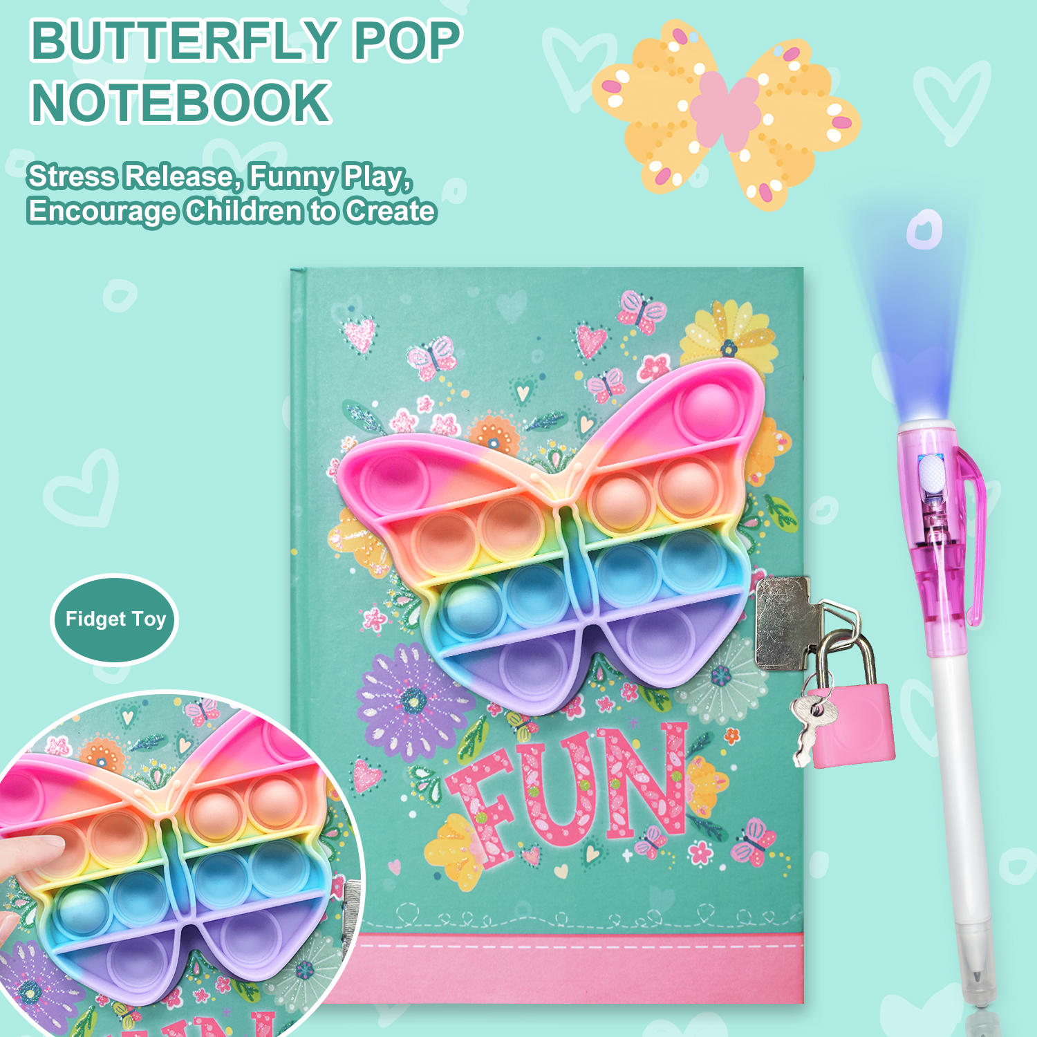 ロック付きポップガールズダイアリー、7.5x5.4インチ 160罫ページ ガールズジャーナル 子供用 秘密ノート ペンセット ギフト ライティング用