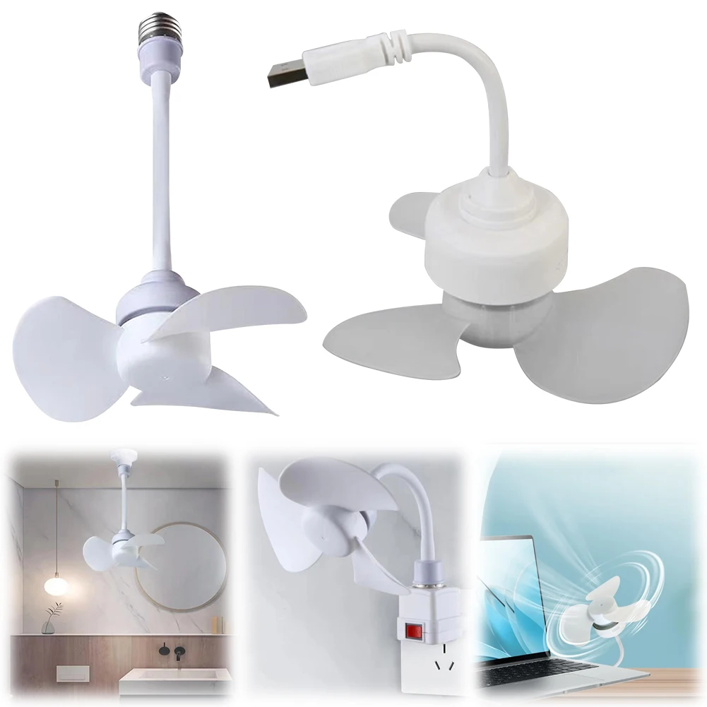 LED Mini Deckenventilator E27 Sockel/USB Kronleuchter Deckenventilator Schlauchverlängerung Glühbirne Ventilator mit Sockel für Schlafzimmer Wohnzimmer