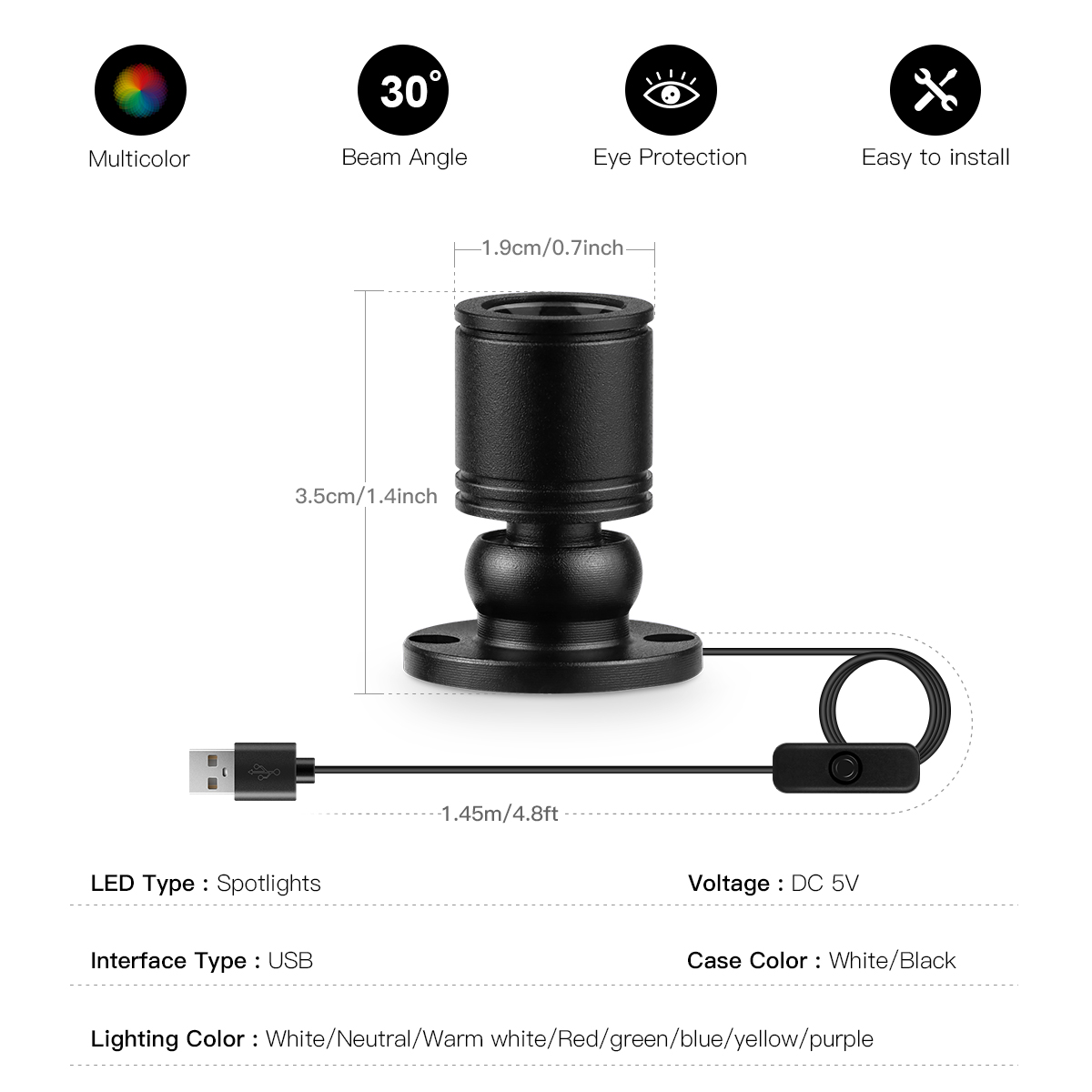 Aufputzmontierte Mini-USB-5-V-1-W-LED-Spot-Licht, drehbare Deckenleuchte, Schmuck, Vitrine, Theke, Schrank, Schrank, Regal, Strahler