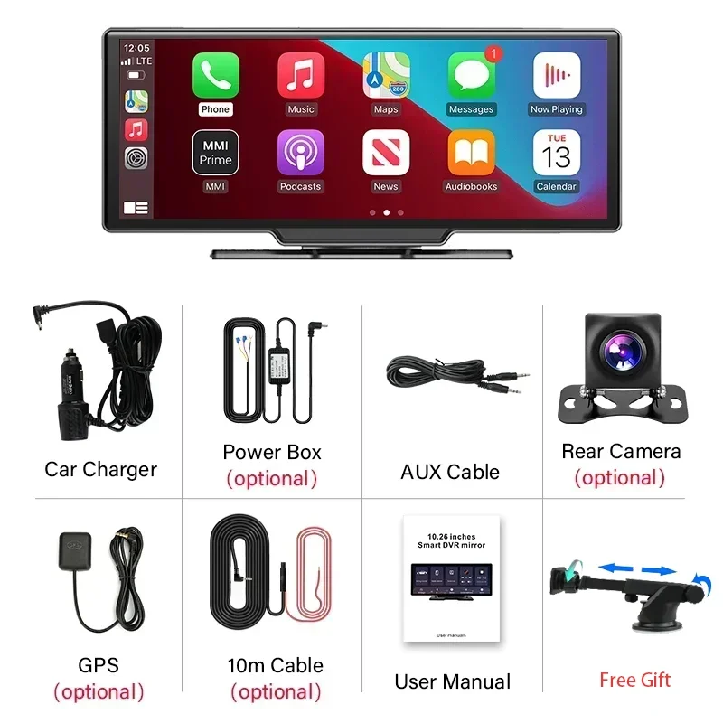 Srnubi 10.26 "Dash Cam Camera Chiếu Hậu Carplay Android Tự Động 4K Đầu Ghi Hình Đồng Hồ Định Vị GPS Ghi Bảng Điều Khiển Hai Ống Kính 24H Công Viên
