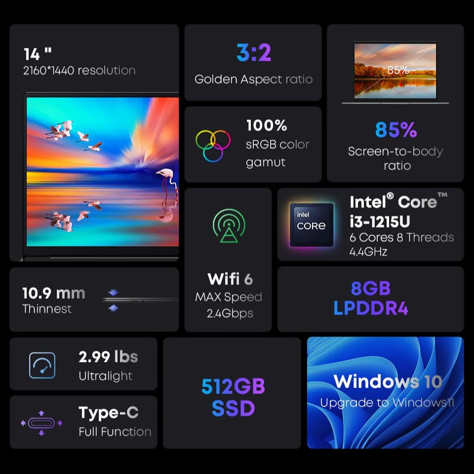 CHUWI CoreBook X Laptop da gioco schermo IPS FHD da 14 pollici Intel i3-1215U 6 Core Windows 11 8GB DDR4 SSD da 512GB Computer indossabile