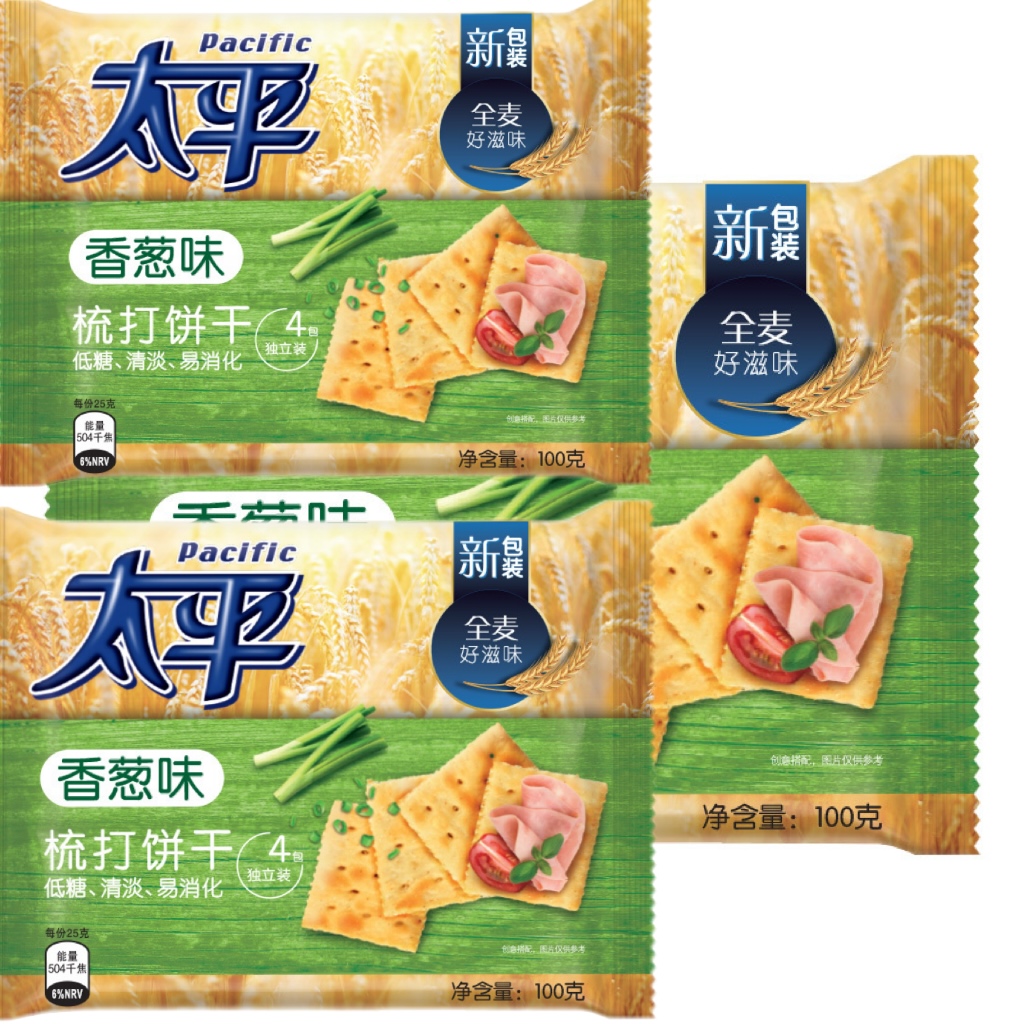 Taiping, Soda Crackers - Chive Flavor, Pack of 3, 100g/bag
