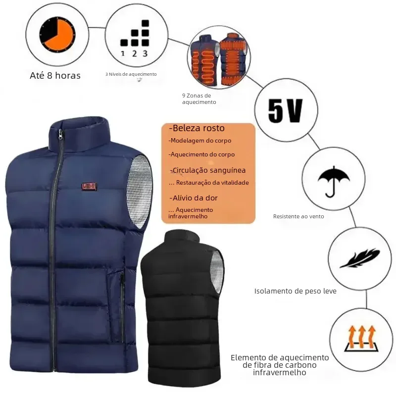 Unisex USB Electric Heating Jacket, Casaco aquecido com bolso com zíper, recarregável, sem bateria, 9 zonas, homens e mulheres