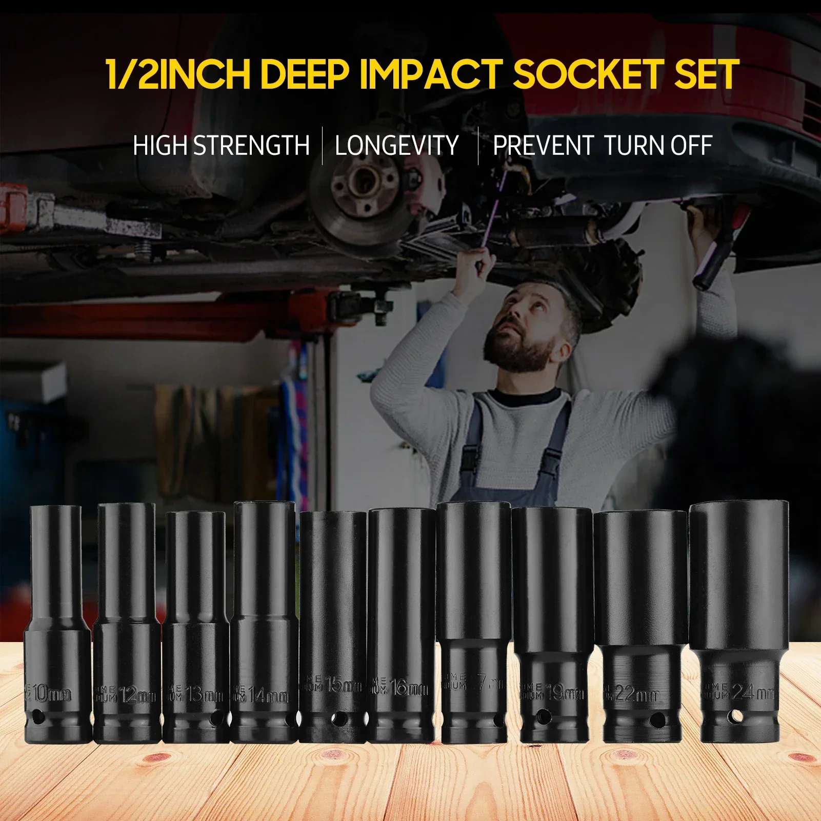 10pcs 1/2" Drive Deep Impact Socket Set Drive Metric Wrench Socket Deep Impact Socket Pneumatic Wrench Head Tire Removal Tools
