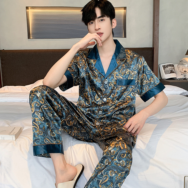 Quần Thiết Kế Cổ Nam Đồ Ngủ Dài Tay Ngủ Cao Cấp Loại Mỏng Làm Bộ Đồ Ngủ Lụa Nam Bộ Đồ Ngủ Mặc Bộ Pijama Bộ