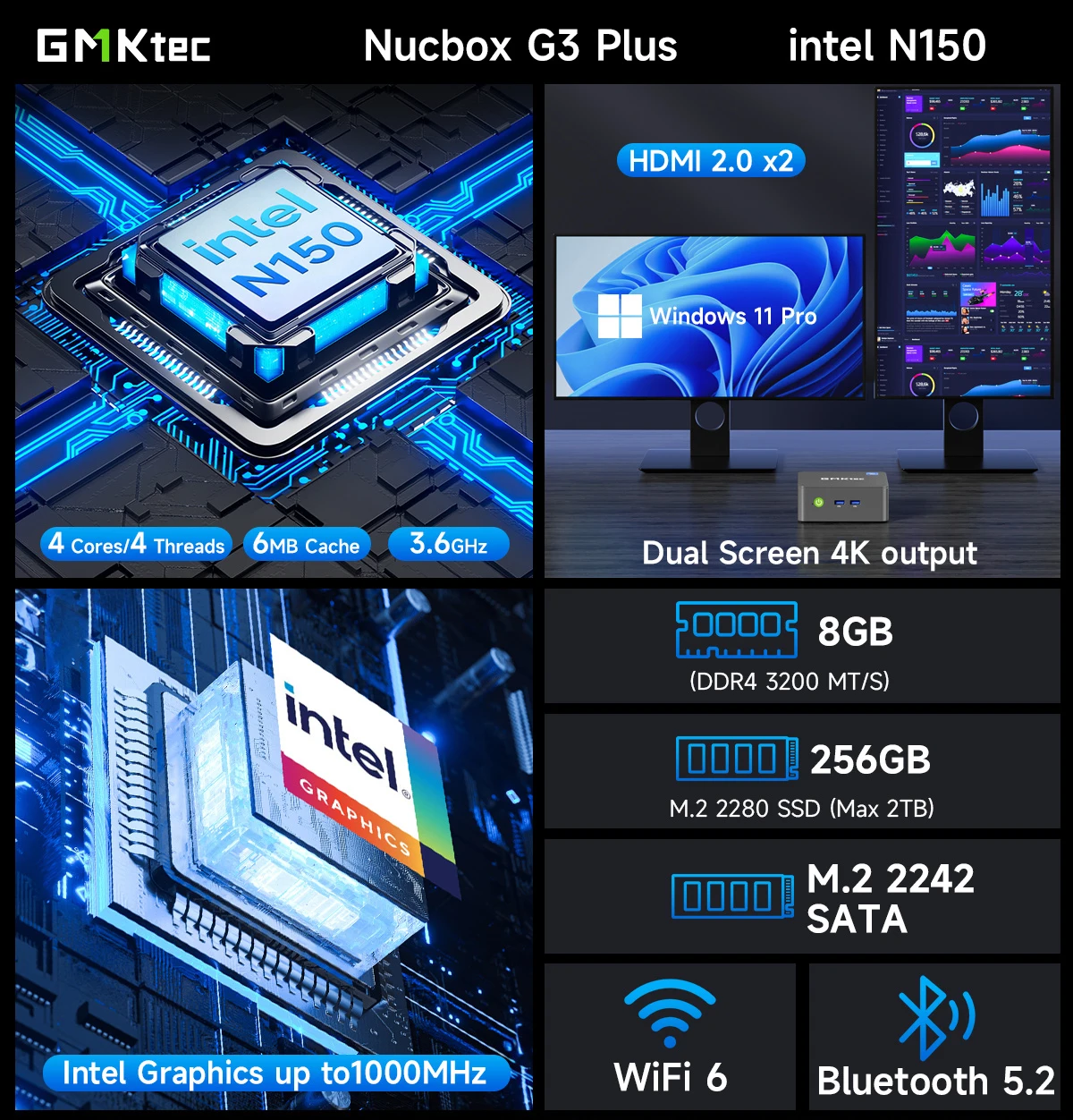 GMKtec G3 PLUS Intel Twin Lake N150 MINI PC Windows 11 Pro DDR4 RAM NVMe SSD WIFI6 BT5.2 Desktop office Mini PC Gamer Computer