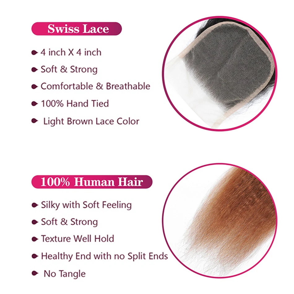 10a brasileiro kinky em linha reta 3 pacotes com fecho 100% ombre cabelo humano yaki cabelo reto 3 pacotes com fechamento de renda 4x4