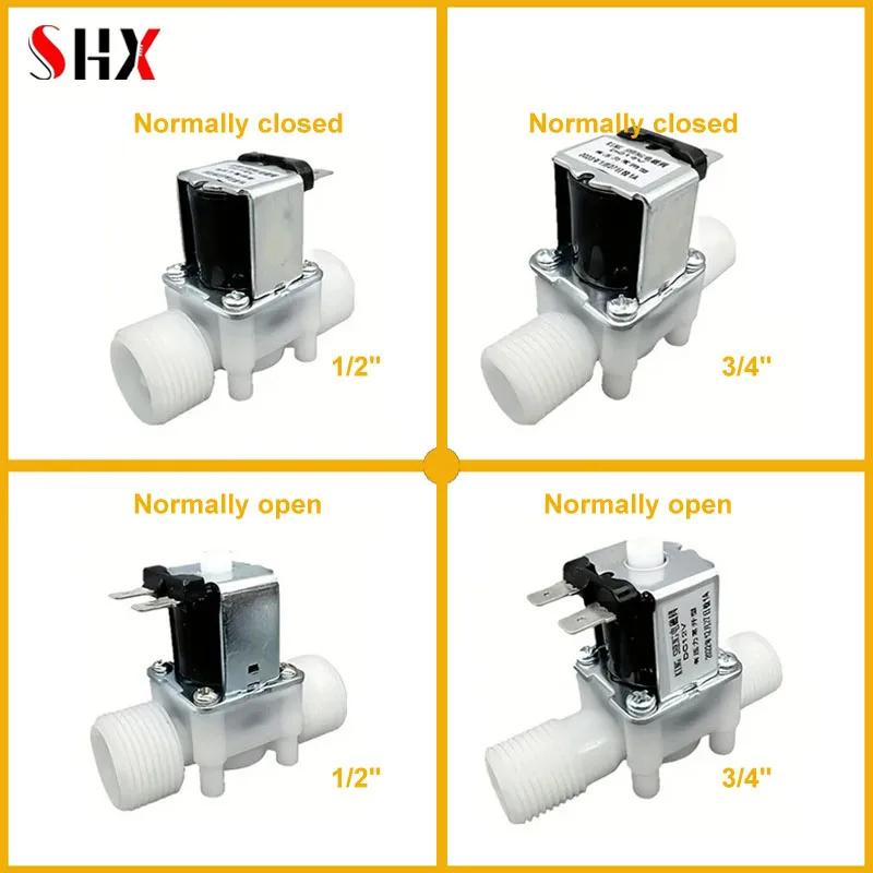 Válvula solenóide normalmente fechada, 12v, 24v, 110v, 220v, rosca externa, plástico, válvula de água normalmente aberta para pressão 0.02-0.8mpa, 1/2"