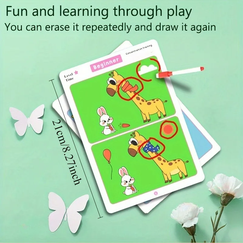 Training Cards Featuring 'Find The Difference' Drawings - Designed for Educational Attention Training Includes Erasable Cards