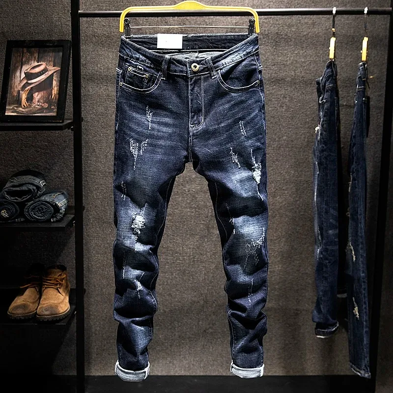Pantalones vaqueros rectos elásticos americanos para hombre, pantalones vaqueros de algodón ajustados desgastados rasgados, moda de estilo coreano, ropa azul y negra para hombre