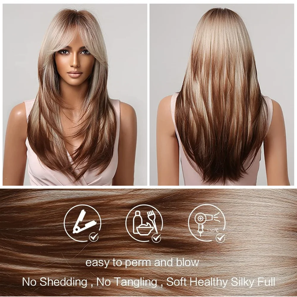 ALAN EATON-Peluca de cabello sintético para mujer, cabellera artificial con flequillo largo y liso, color rubio, resistente al calor, marrón,Peluca de fiesta de Navidad