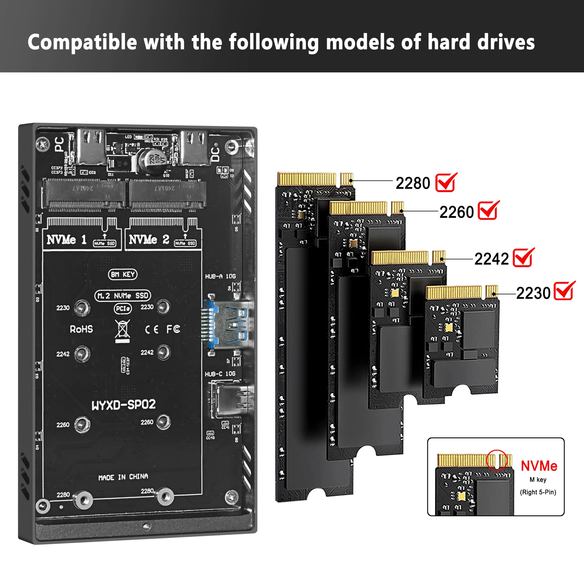 Док-станция M.2 для жёстких дисков, 10 Гбит/с ,Dual Protocol M.2 SSD Case PCIe NVME HDD Docking Station  USB3.2 GEN2 10Gbps Solid State Drive Enclosure Adapter for PC
