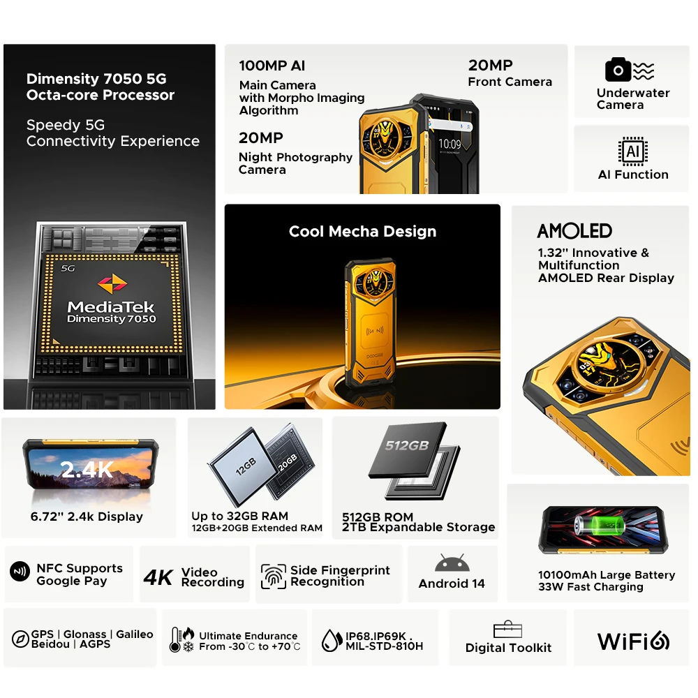 Мировая премьера DOOGEE S200 X 5G защищенный телефон 12 + 512 ГБ смартфон 6,72 дюйма FHD + 120 Гц IPS экран Dimensity 7050 10100 мАч аккумулятор 33 Вт