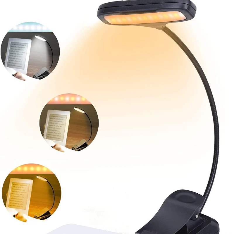 LED Book Light Reading Light Eye Caring Clip-on USB Rechargeable Dimmable Light Lamp Adjustable Flexible Night Reading Lamp