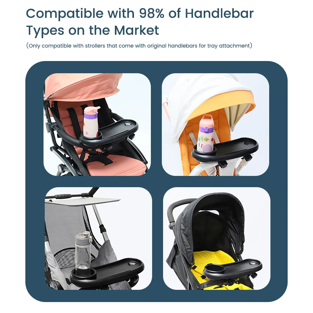 Bandeja universal 3 em 1 para lanche, suporte de copo ajustável, slot para telefone, compatível com a maioria dos carrinhos, viagem multifuncional