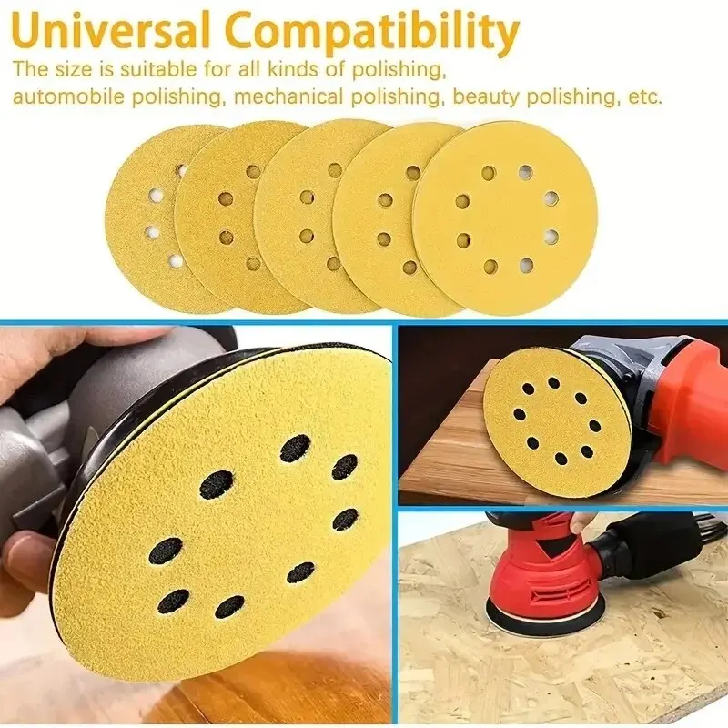 10pcs 5 Inch Yellow Sanding Discs 8 Holes 125mm Hook And Loop Aluminum Oxide Sandpapers For Polishing Random Orbital Sander