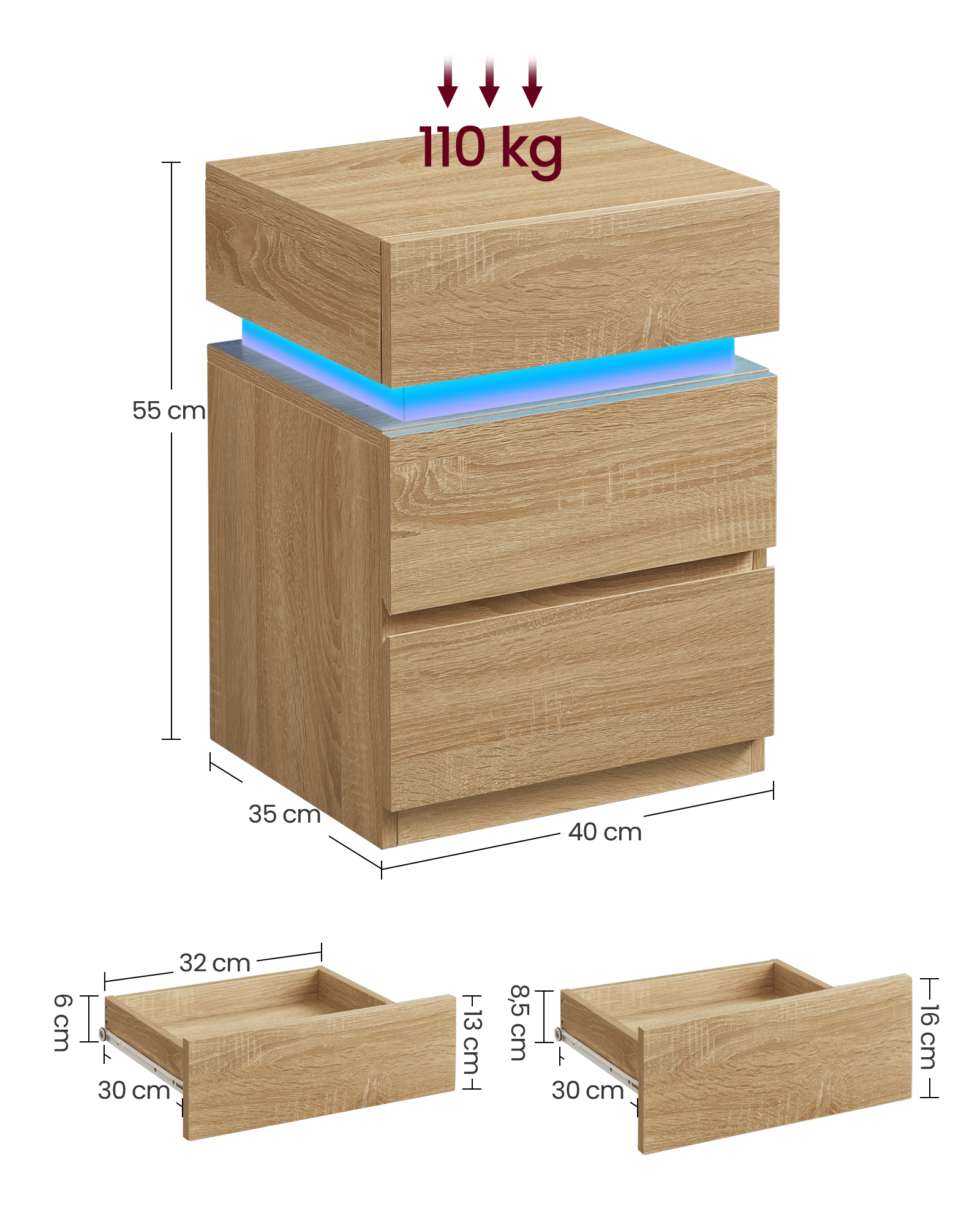 Vasagle Nachtkastje (1-st), Met Led-Verlichting, Verstelbare Kleuren