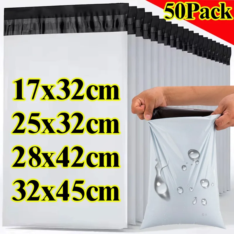 Saco de correio branco com vedação autoadesiva, sacos de armazenamento de envelope expresso, sacos de armazenamento de plástico, sacos de correio grossos