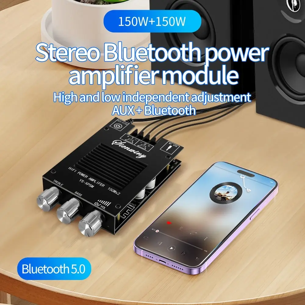 Módulo Placa Amplificador De Potência De Áudio, YS-XPSM, 150W x 2, TDA7498E, Ajuste de Graves Agudos, Bluetooth 5.0, Dual Channel, APP dissipador de calor
