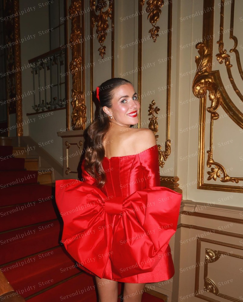 Seriendipidty-女性用の裸の肩のイブニングドレス,滑らかなサテン,ミニ丈,カスタムメイド,台形の長袖,大きな弓,赤い服