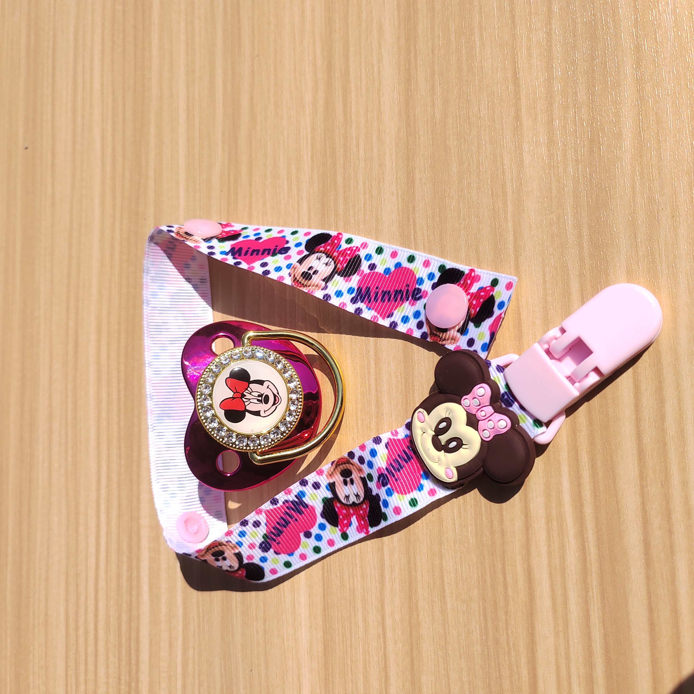 Disney Minnie Mouse การ์ตูน calico Strip คลิปเด็กทารกหรูหรา Pacifier BPA ฟรี Bling ปลอม Pacifier สําหรับเด็กทารกและเด็กทารก