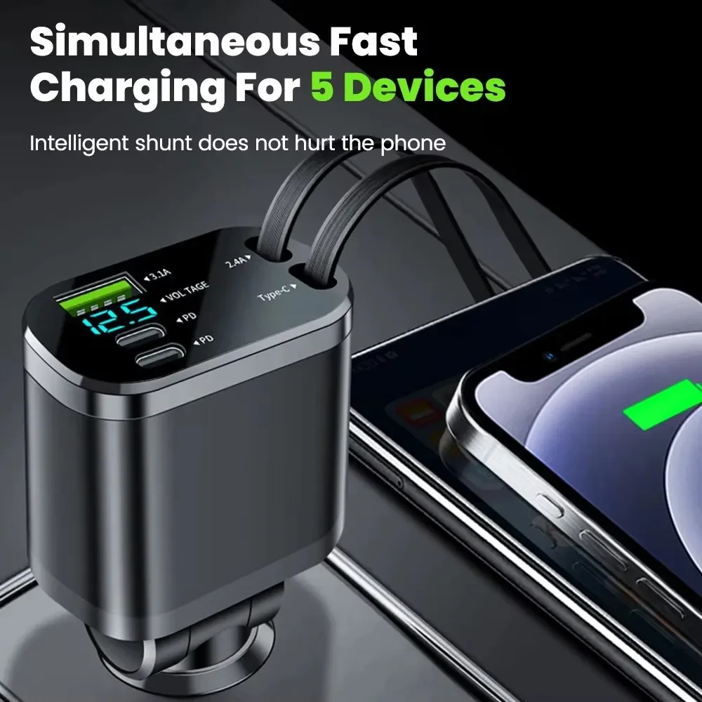 Novo carregador de carro retrátil atualizado 5 em 1, 69w carregamento rápido pd30w + 2.4a display de tensão cabos duplos para iphone e android