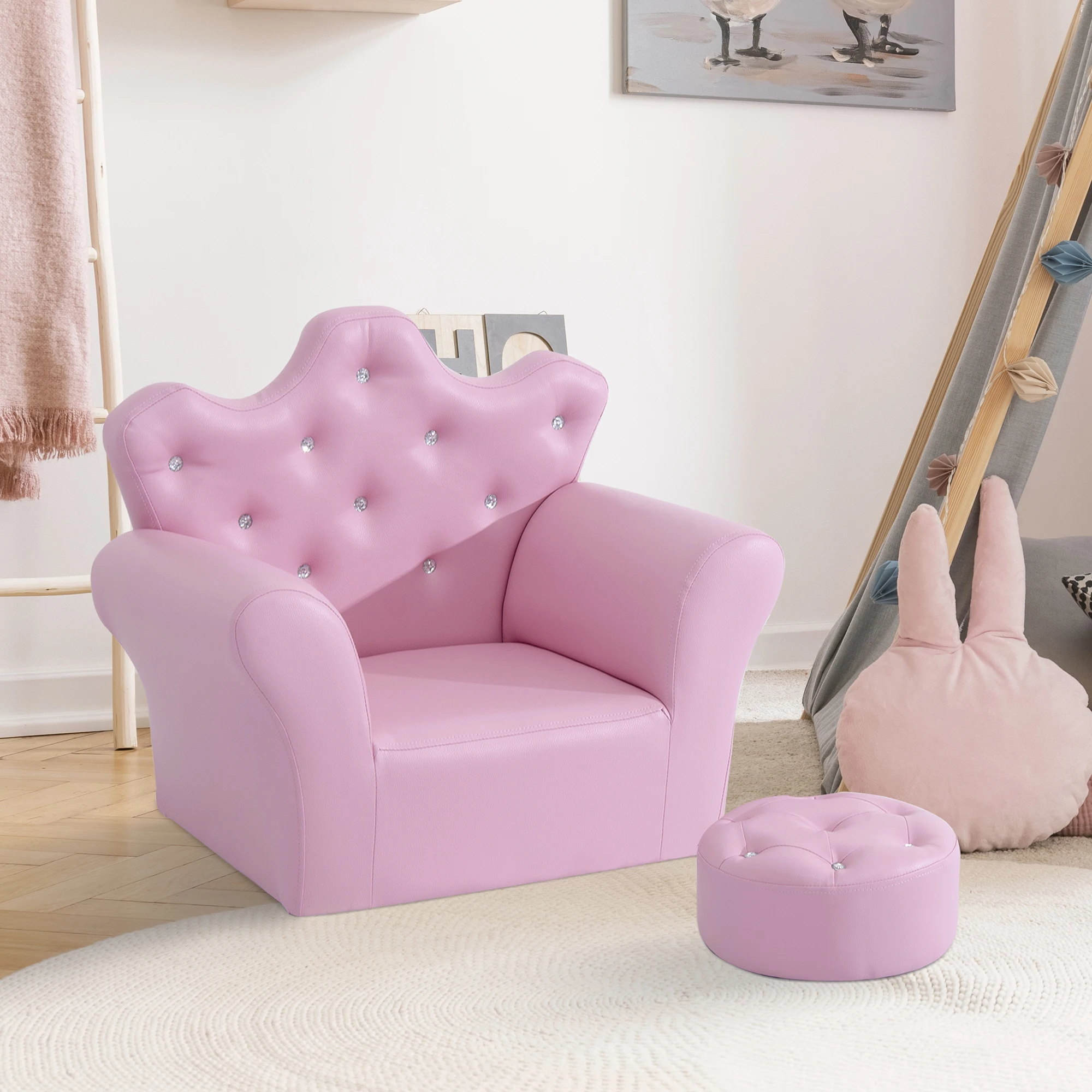 Kids Sofa Set with Footstool, Princess Sofa with Diamond Decoration, Pink
