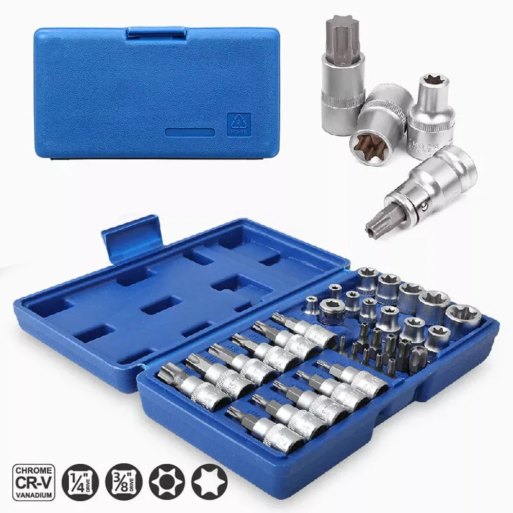 Professional 34pcs Torx Bit Socket & E-Torx Star Socket Set 1/4" 3/8" 1/2" Drive Male Female E-torx Bits Handheld Tool with Case