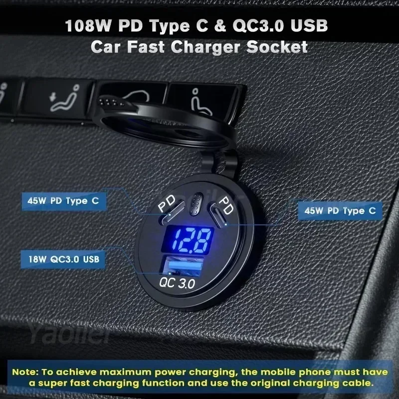 Kewig-enchufe USB de 12V, puerto de USB-C Dual PD de 108W, carga rápida 3,0, cargador USB para coche, toma de corriente impermeable con interruptor de voltímetro
