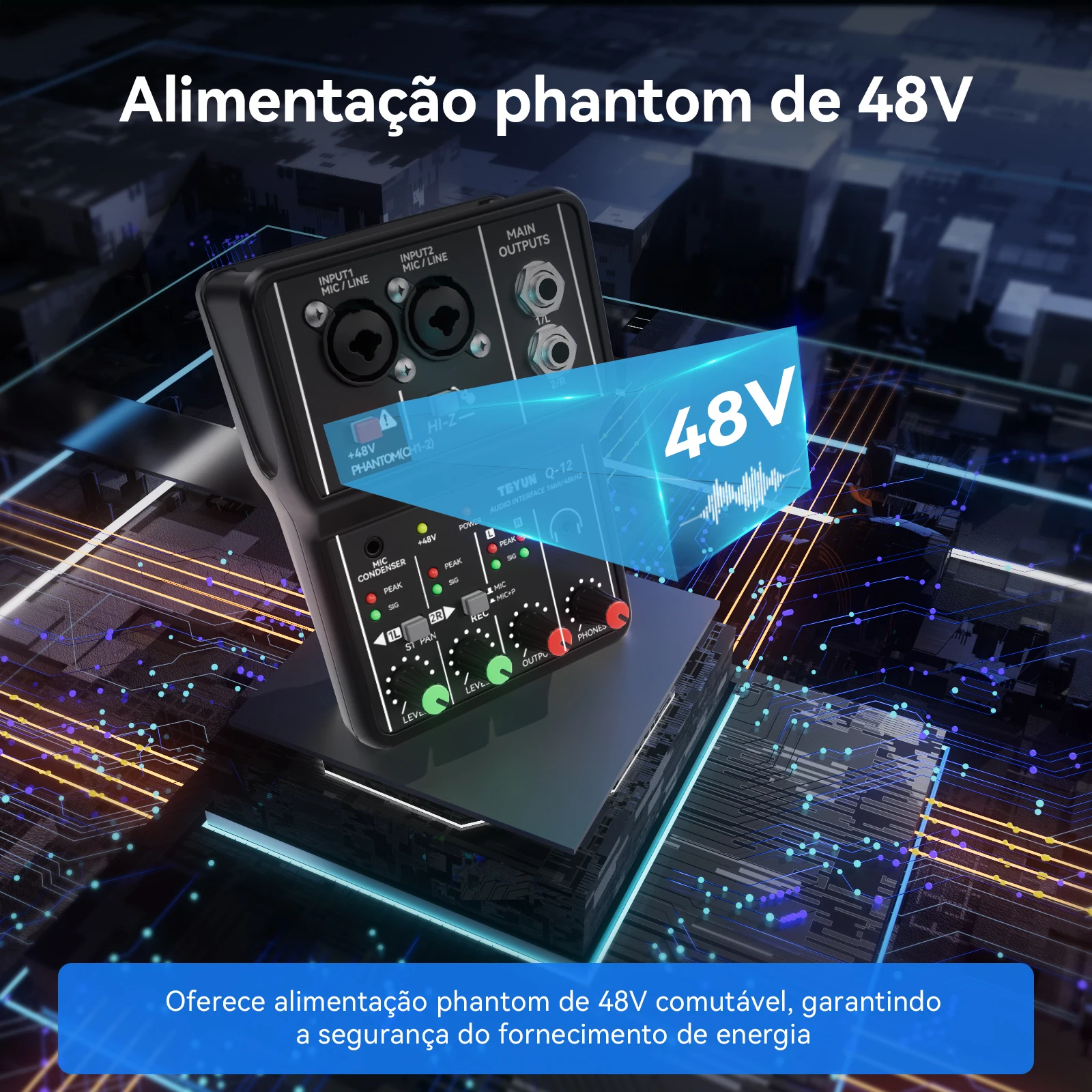 Teyun Q-12 placa de som misturador de áudio placa de som console interface do sistema de mesa 4 canais 48v potência estéreo placa de som do computador