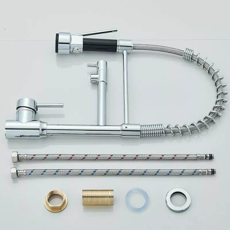 Chrome Brass Kitchen Sink Faucet Pull Down Hot and Cold Water Mixer2 Mode Tap with Dual Spout 360 Rotation Flexible Deck Mounted