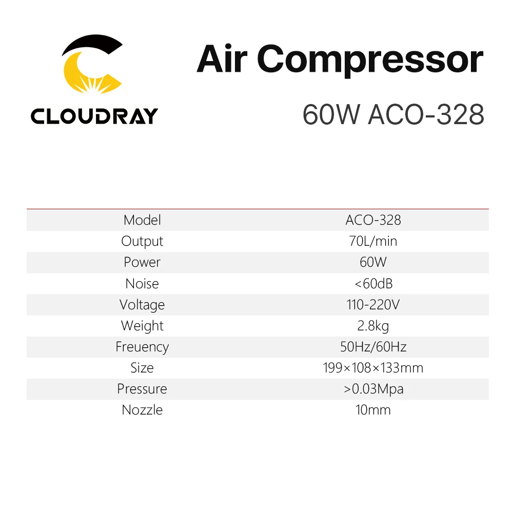 Cloudray 60W Không Khí Điện Từ Máy Bơm Không Khí Cho CO2 Khắc Laser Cắt ACO-328