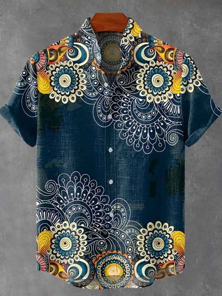 2025 Forest Art Printed Men's New Linen Comfortable Breathable Fabric Short Sleeve Shirt for Art Enthusiasts Clothing