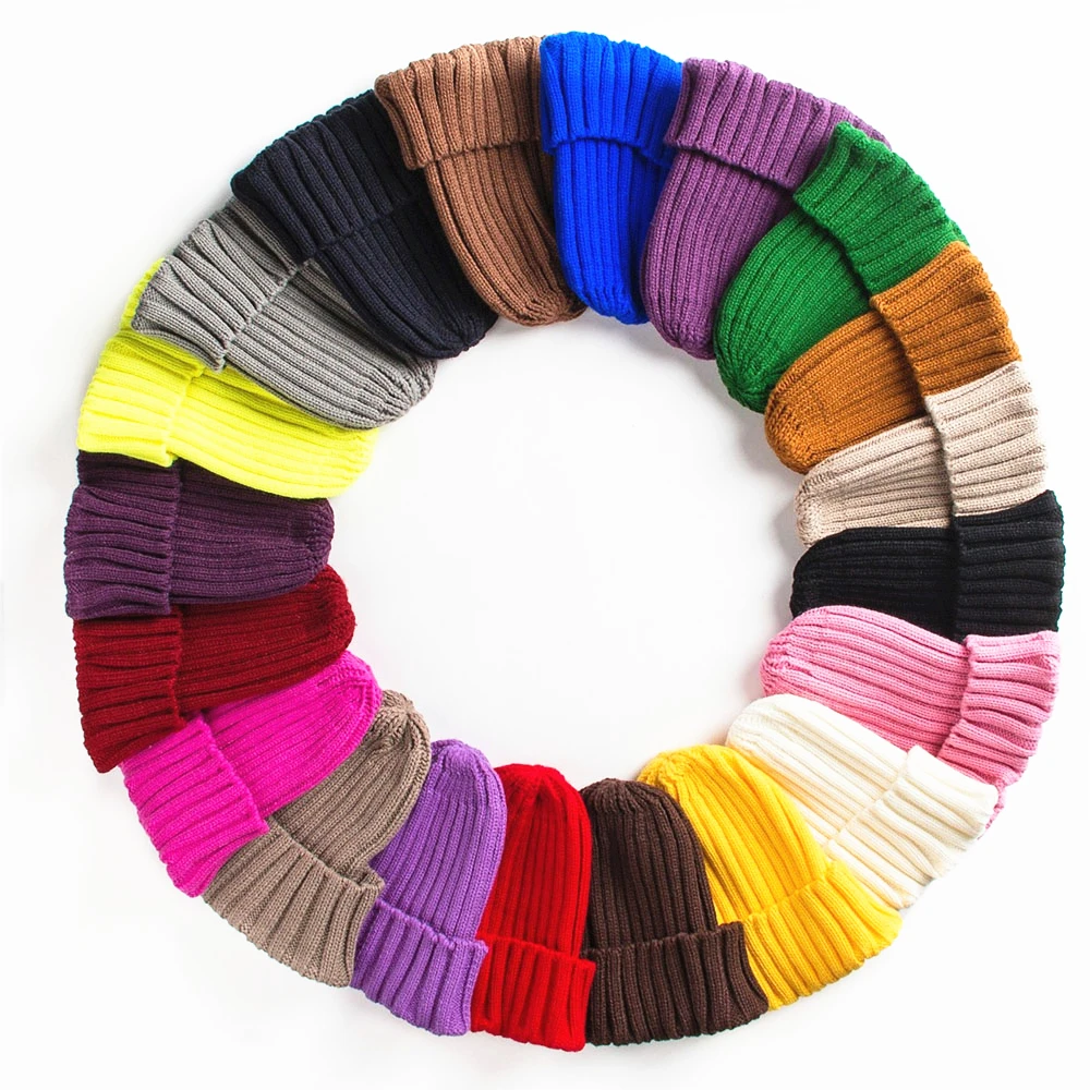 Gorro de lana de colores con borde liso tejido para hombre y mujer, protección para los oídos, capucha cálida, tendencia de otoño e invierno