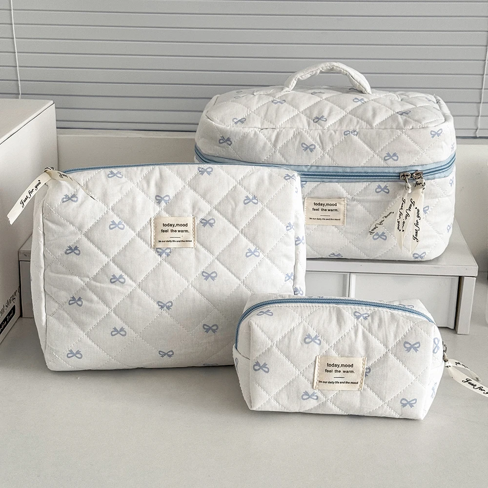 Fashion Blue Bow Quilted Women Cosmetic Bag Large Capacity Makeup Storage Handbag Travel Pouch 3 Type Ladies Zipper Makeup Bag